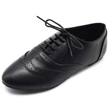 Imagem de Ollio Sapato feminino clássico com cadarço e salto baixo Oxford, Preto, 7.5