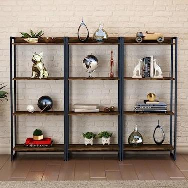 Imagem de Conjunto 3 Estantes para Livros Médias Industrial Aço 4 Prateleiras 146x60cm Active Yescasa Carvalho Dark