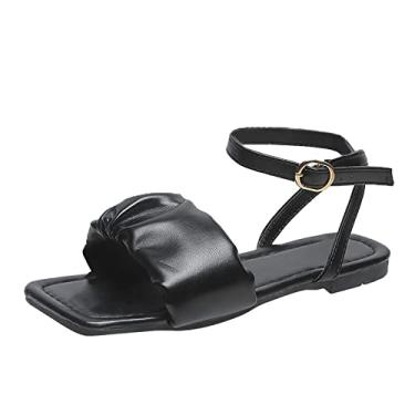 Imagem de Chinelos rasos femininos verão dedo do pé primavera fivela sandálias salto e borracha aberta plana moda pino casual chinelo (preto, 8)