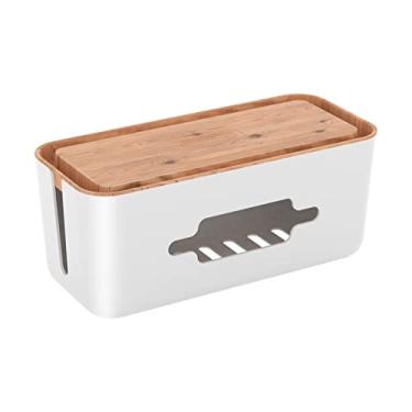 Imagem de AOKLEY Caixa de gerenciamento de cabos caixa de gerenciamento de cabos caixa de gerenciamento de cabos de mesa de plástico rígido com capa para enrolador de cabos de escritório em casa caixa de armazenamento de fio (cor: cor de madeira pequena)