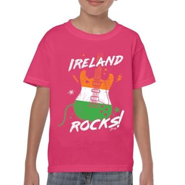 Imagem de Camiseta juvenil Ireland Rocks Guitar Flag St Patrick's Day Shamrock Groove Vibe Pub Celtic Rock and Roll Cravo infantil, Rosa choque, M
