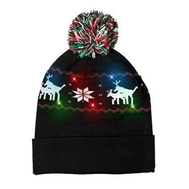 Imagem de Windy City Novelties Suéter feio tricotado com luz LED rena em rena feriado Natal gorro - 3 modos de piscar, Rena em rena, tamanho �nico