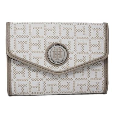 Imagem de Tommy Hilfiger Bolsa clutch feminina pequena com estampa de logotipo em lona revestida, Branco, One Size, Carteira