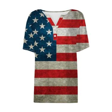 Imagem de Camiseta feminina de 4 de julho, listrada, vermelha, branca, azul, manga curta, Henley camiseta do Dia da Independência, Bege, XXG