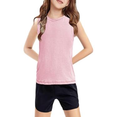 Imagem de Haloumoning Camiseta regata infantil sem mangas atlética leve linda verão roupa de dança 5-14 anos, rosa, 13-14 Anos