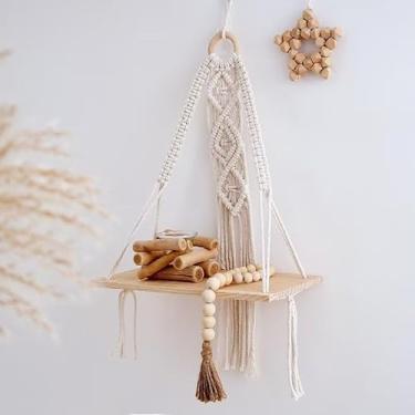 Imagem de Prateleira suspensa de macramê, prateleiras suspensas boho de 1 camada, decoração de parede para sala de estar, quarto, prateleira flutuante de madeira feita à mão com corda tecida, organizador de