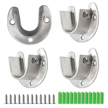 Imagem de Seimneire 4 peças de soquete de varão de aço inoxidável resistente, suporte de flange para guarda-roupa, suporte de vara de varão para armário suporta 2,54 cm de diâmetro, formato U - prata