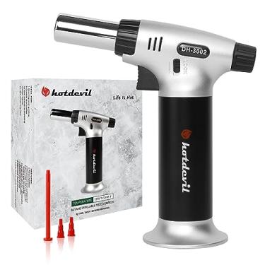 Imagem de Hotdevil Maçarico de butano 9g recarregável tanque de cozinha acendedor de tocha de sopro com trava de segurança ajustável chama serve para todos os cartuchos de butano tocha de cozinha para churrasco creme brulee assar sobremesas (gás butano não incluído)