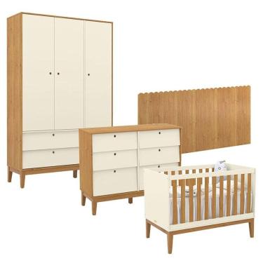 Imagem de Quarto de Bebê Unique 3 Portas com Cômoda 6 Gavetas e Painel Farm Off White Freijó Eco Wood - Matic