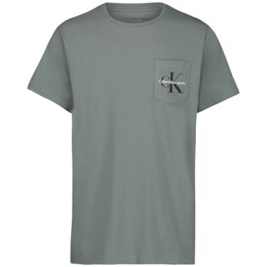 Imagem de Calvin Klein Camiseta masculina de manga curta com logotipo e gola redonda, macia, confortável, ajuste relaxado, Stormy Sea, 10-12