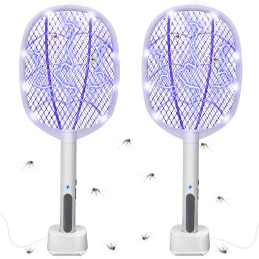 Imagem de Phosooy Raquetes de mata-moscas elétricas, 2 em 1 com 3000 V de alta tensão, armadilha de luz para insetos assassino de mosquitos plug-in com malha de segurança de 3 camadas, portátil para uso interno