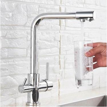 Imagem de Torneira de cozinha com filtro cromado, torneira de cozinha para água potável pura, montada no deck, alças duplas, misturador de água quente e fria de 3 vias, cromado