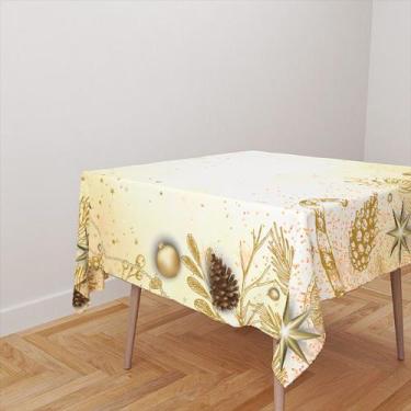 Imagem de Toalha De Mesa Redonda De Oxford Natal Dourado Brilho Folhas e Estrela