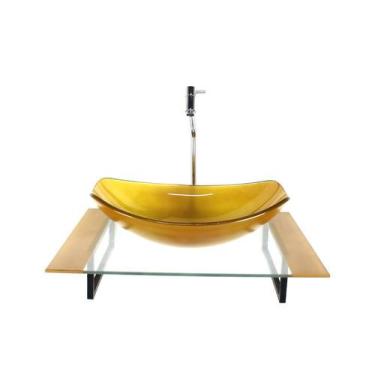 Imagem de Kit cuba de vidro oval chanfrada com tampo 60cm dourado real e suporte