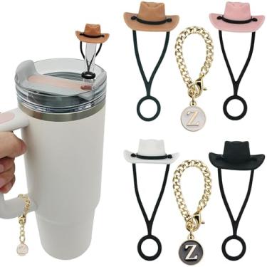 Imagem de 4 peças de chapéu de cowboy de silicone capa de palha compatível com Stanley Cup 30 1,134 g, chapéus de cowboy chapéus de palha, 2 peças de nome inicial ID personalizado alça de letra acessórios para