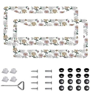 Imagem de 2 peças molduras para placas de licença vintage margaridas de aço inoxidável vintage margaridas capa de placa de licença com tampa de parafuso e conjunto de chave de fenda - 2 furos para meninas e