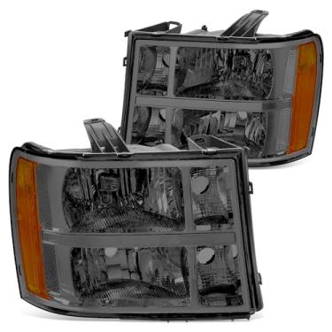 Imagem de DNA MOTORING Par de faróis estilo original compatível com GMC Sierra 1500/07-14 Sierra 2500 HD 3500 HD 3500 HD, caixa cromada/lente fumada/refletor âmbar HL-OH-SIE07-SM-AM