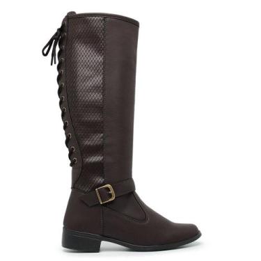 Imagem de Bota Feminina Montaria Fivela Moderna Couro Cano Longo De Amarrar Atra