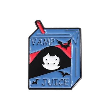 Imagem de Broche de caixa de leite azul fofo '' Vamp Juice'' palavras desenho animado engraçado criativo morcego preto bebida broche amantes de alimentos alfinetes de lapela broches novidade jaquetas jeans