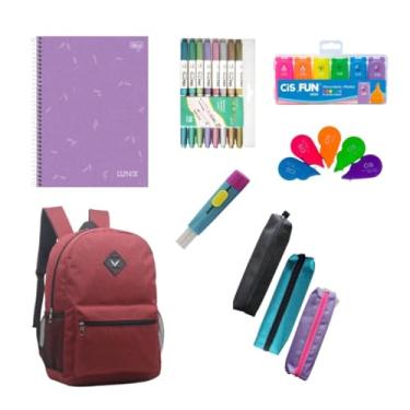 Imagem de Kit Material Escolar 19 Itens com Marcadores Mochila Estojo