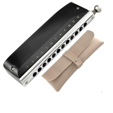 Imagem de Para Iniciantes harmônica Gaita Cromática Profissional De 12 Furos Com Gongos Modelos De Desempenho Avançado De Nível Básico 12 Furos Em Preto