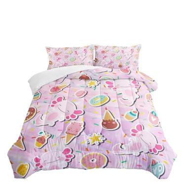 Imagem de Conjunto de edredom fofo de desenho animado rosa, tamanho solteiro, animal oceano, 3 peças, para crianças, adolescentes, meninas, decoração de quarto, sobremesa, leite, chá, donut, cama de princesa,