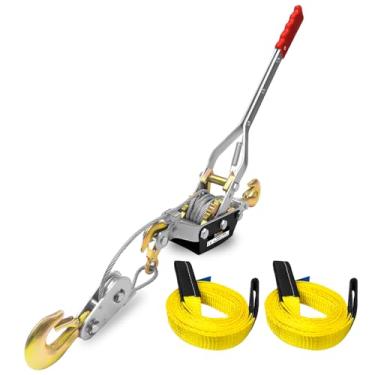 Imagem de FITHOIST Ferramenta de catraca de guincho Come Along 5 toneladas Capacidade de tração 3 ganchos Cabo de aço Extrator de potência de engrenagem dupla com duas tiras de elevação de 3,5 cm x 2,5 m, cabo