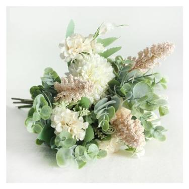 Imagem de Decoração de primavera - Buquê de casamento flor sintética de seda artificial buquê de dama de honra branco roxo pompom folha de eucalipto suprimentos de casamento, plantas artificiais artificiais