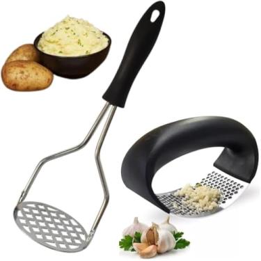 Imagem de Kit 2 Peças Amassador Espremedor Triturador de Alho e Amassador de Batatas Purê Legumes Feijão Inox Linha Premium M5 Armarinhos