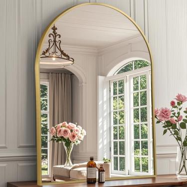 Imagem de JENBELY Espelho arqueado de 66 cm x 96 cm, espelho de banheiro com arco dourado, espelho dourado com moldura de metal, espelho de parede arqueado para quarto, sala de estar, corredores