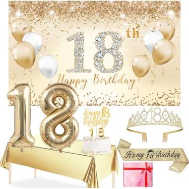 Imagem de Trgowaul Decorações De Aniversário De 18 Anos Para Meninas, Faixa Dourada De Aniversário De 18 Anos, Toalha De Mesa, Faixa E Coroa De Aniversário De 18 Anos, 1 Peça De Topo De Bolo De 18 Anos, Balõe