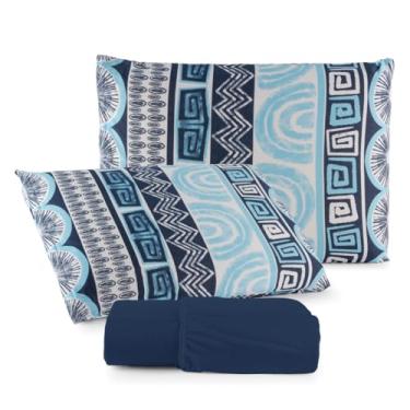 Imagem de Jogo de Lençol Com Elástico Malha 100% Algodão 03 Pçs Estampado Solteiro Casal Queen King Size (Azul Marinho, Casal)