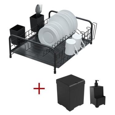 Imagem de Kit Cozinha Escorredor tubular Preto + Lixeira 5,4L+ Dispenser - Stolf