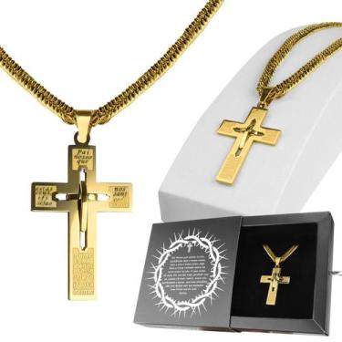 Imagem de cordao ouro banhado + caixa + pingente crucifixo dourado fé religioso 