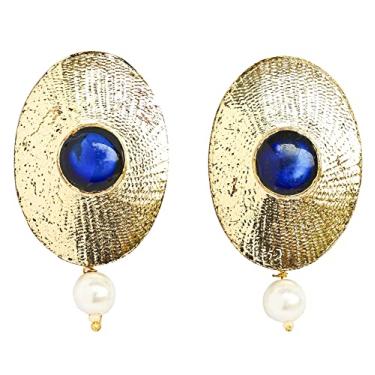 Imagem de Touchstone Brincos de joias de metal com safira azul sintética de imitação de pérolas em formato redondo em tom dourado antigo para mulheres