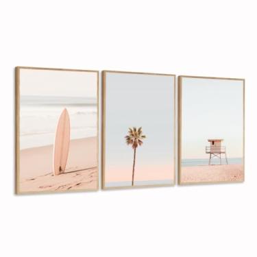 Imagem de Quadro Decorativo praia prancha coqueiro paisagem clean bege sala quarto com moldura (Moldura Bege, 60X80, Sem Vidro)
