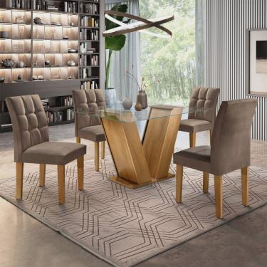 Imagem de Conjunto Sala de Jantar Mesa Classic Tampo de Vidro 4 Cadeiras Vitória Cel Móveis Ypê/Animale