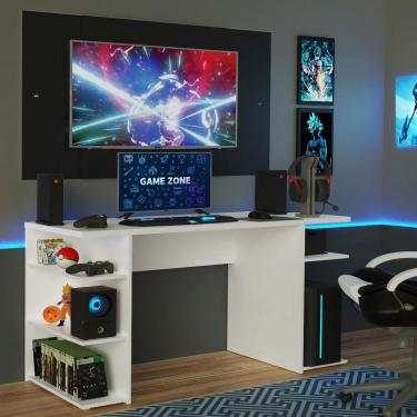 Imagem de Mesa para Computador Gamer Madesa 9409 e Painel para TV até 58 Polegadas - Branco/Preto