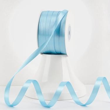 Imagem de MEEDEE Fita de cetim azul claro 100 metros Lux azul bebê cetim dupla face 100 jardas rolo fita azul fina para embrulho de presente, suprimentos de festa, aniversário, chá de bebê, casamento