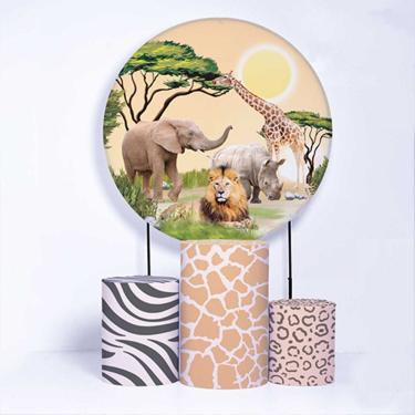 Imagem de Kit Painel de Festa Redondo de 1,80m e Trio de Cilindros Safari - Fera Print