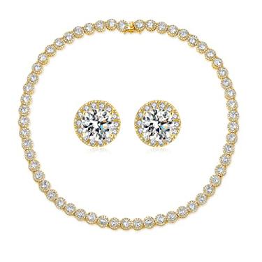 Imagem de Gemsme Conjunto de colar de tênis de zircônia cúbica banhado a ouro branco 18 K / pulseira / brincos para mulheres e homens Halo Jewelry Pack, Banhado a ouro amarelo, Zircônia cúbica