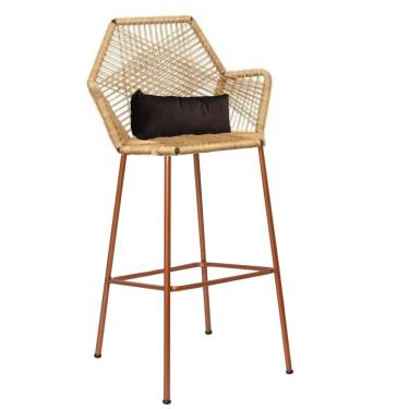 Imagem de Banqueta Alta Com Encosto Sttar Ferro Bronze Fibra Palha Almofada Suede Marrom