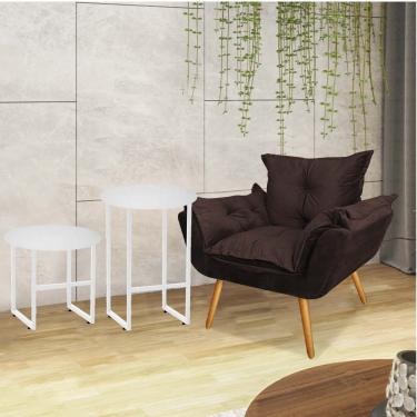 Imagem de Kit Poltrona Opala Com 2 Mesas Will Ferro Branco Tampo Redondo Branco Suede Marrom - Amey Decor