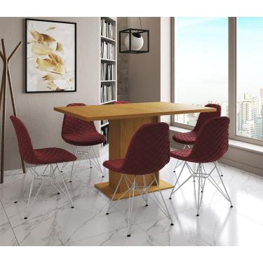 Imagem de Mesa Jantar Londres Retangular Canela 137X90Cm 6 Cadeiras Estofadas Vermelho Ferro Branco