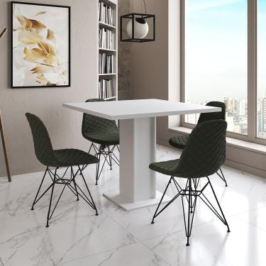 Imagem de Mesa Jantar Londres Quadrada Branca 90Cm 4 Cadeiras Estofadas Verde Eames Ferro Preto