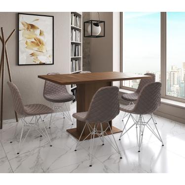 Imagem de Mesa Jantar Londres Retangular Amêndoa 137X90Cm 6 Cadeiras Estofadas Nude Médio Ferro Branco