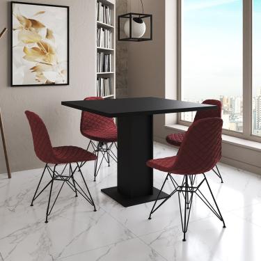 Imagem de Mesa Jantar Londres Quadrada Preta 90Cm 4 Cadeiras Estofadas Vermelho Eames Ferro Preto