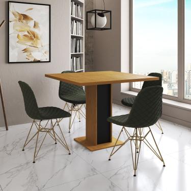 Imagem de Mesa Jantar Londres Quadrada Canela 90Cm Base Preta 4 Cadeiras Eames Estofadas Verde Base Dourado