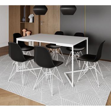 Imagem de Mesa Industrial Jantar Retangular 137X90Cm Branca Base V Com 6 Cadeiras Pretas Ferro Br Branco