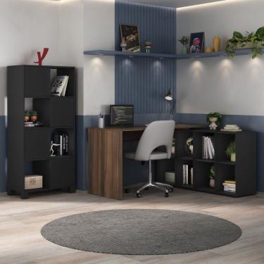 Imagem de Home Office Completo Com Mesa Em L E Armário Espaçoso Preto-ipê